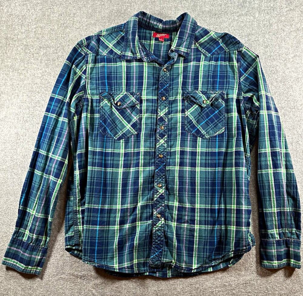 AriZona Jeans Co. Men's XL Plaid Blue Green Long Sleeve Snap Button-Up Shirt